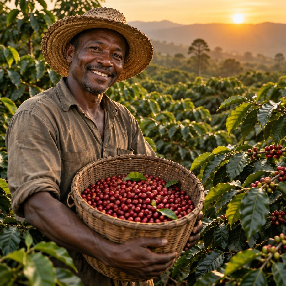 Smiling farmer holding a basket of ripe coffee cherries