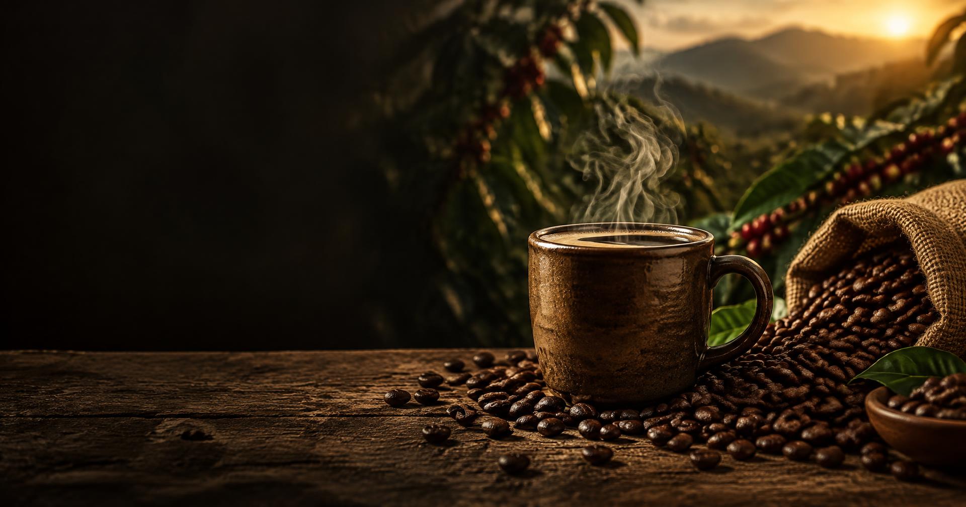 Steaming cup of coffee beside a sack of beans on a coffee farm